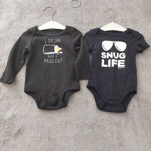 Lullaby Lane Baby Bodysuit Lot 3–6 Months Black Graphic Onesies (2)